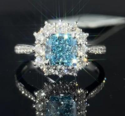 China Blue Lab Grown Diamond Rings 1.29ct Cushion Cut Synthetischer Diamant Geschenkring für Frauen zu verkaufen