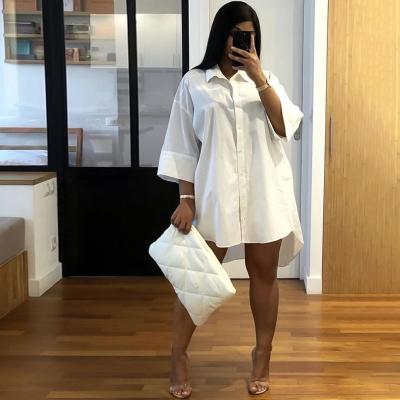 China Anti-Static Hot Sale Loose Casual Quilting Fabric Streetwear Lantern Sleeves Shirt Dresses Women Casual Mini Dresses for sale