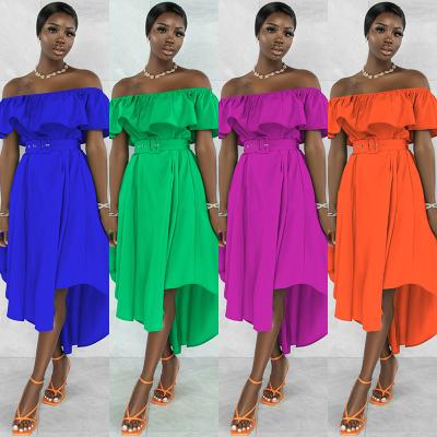 China Women Breathable Plaid Slash Neck Off The Shoulder Solid Ruffles High Waist Dress Summer A-line Dresses for sale