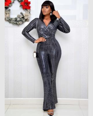 China Breathable Women Autumn Fall Ladies Sequined Rompers African Women's V-neck Overalls for sale