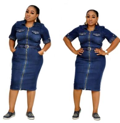 China Amazon Hot Style African Women's Plus Size Mother's Dress Short Sleeve Quilting Zipper Anti-Static Washed Denim Dress Women for sale