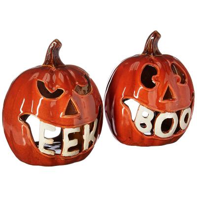 China Home Decoration Halloween Pumpkin Lantern Ceramic Tea Light Candle Holder for sale