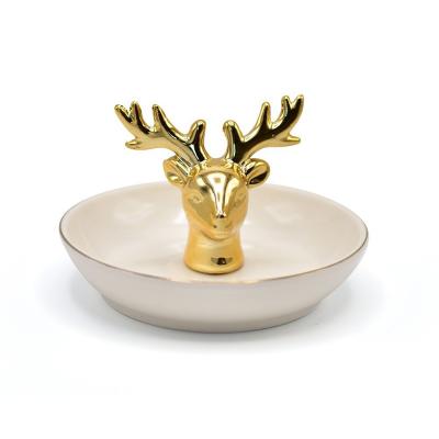 China Art Jewelry Gold Painted Ceramic Deer Antler Folk Dish Ring Holder for sale