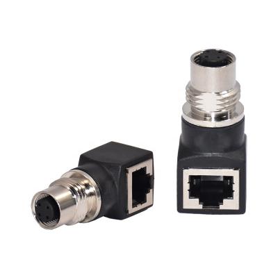 China Right Angle M12 4pin 8pin female/RJ45 90degree automotive plastic adapter, A/D coded for sale