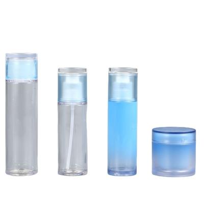 China Cosmetic Empty Blue Set Skin Care Packaging Plastic Bottle Lotion Bottle With Pump Cream Jar for sale