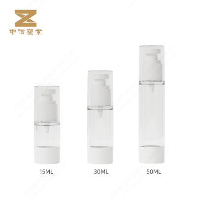 China Cosmetic flat head transparent airless bottle pp AS 15/30/50ml plastic bottle with sprayer for sale