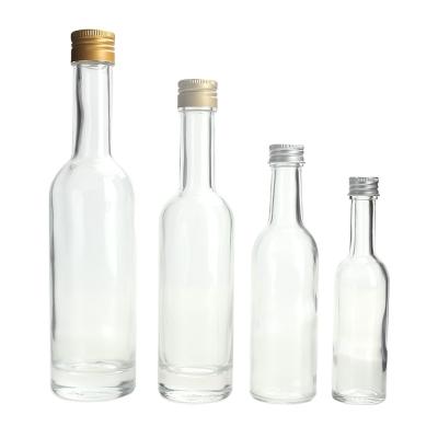 China Long Slim Neck Round 50ml 100ml 150ml 250ml Liquid Packing Bottle Glass Bottle For Drink Wine Juice With Lid for sale