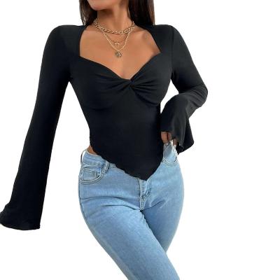 China Anti-wrinkle 2023 Holiday V-neck flared sleeve tucked waist irregular knitted long sleeve T-shirt top for sale