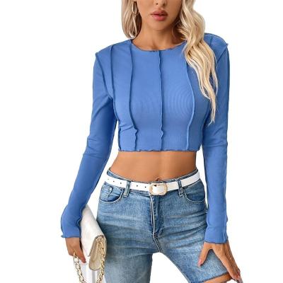 China Anti-wrinkle Fall Winter 2023 New Women Crop Tops Fashion Crew Neck Solid Color Long Sleeve T-Shirts Slim Fit Tight Casual Tops For Women for sale