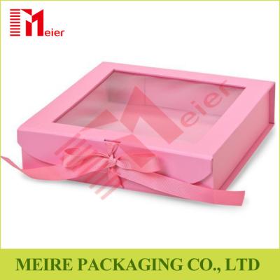 China Pink color folding gift box with clear window, magnet and ribbon clousre for baby girl clothing for sale