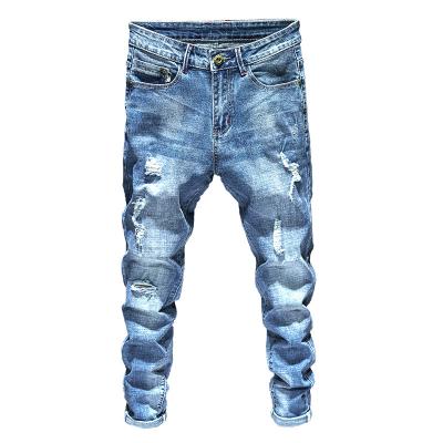 China Skinny Straight Mens Stretch Repaired Jeans Hip Hop Dark Blue Distressed Super Skinny Slim Fit Cotton Comfortable Big Waist for sale