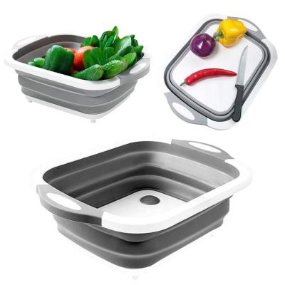 China Sustainable Multifunctional Folding Vegetable Basin Dish Tub Drain Basket 3 In 1 Sink Folding Cutting Board for sale