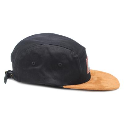 China JOINT Patch Logo Custom Hat 100% Cotton And Suede Leather Brim 5 Panel Camp Hat for sale