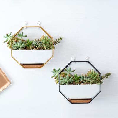 China Hanging White Ceramic Wall Flower Hexagon Geometric Wall Decor Planters with Bamboo Tray for Air Plants Mini Cact for sale