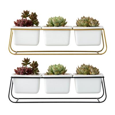 China Glazed Mini Ceramic Desk Plant Pot Planter Simply Decor With Rectangular Metal Stand for sale