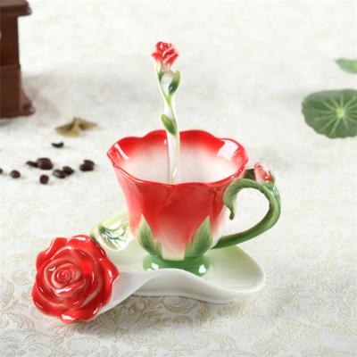 China Unique Design Flower Shaped Colored Tea Cup Porcelain Coffee Cup And Saucer Spoon for sale