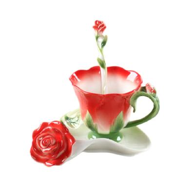 China Hand Crafted Ceramic Tea Cup Rose Shape Design With Saucer Spoon for sale