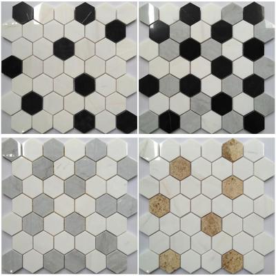 China Modern Polished Athens Gray Marble Mosaic Tiles, New Product Brass Hexagon Stone Mosaic Kitchen Backsplash Wall Tiles for sale