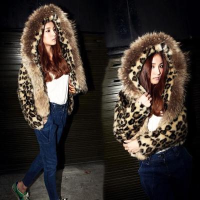 China Anti-Shrink Faux Leopard Rabbit Fur Jacket &Bomer With Large Hood Women Winter Clothes for sale