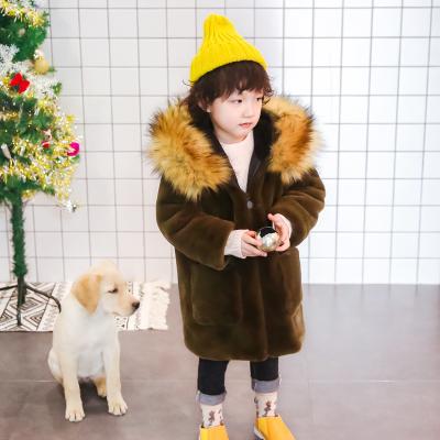 China Anti-wrinkle Faux Fur Girl Kids Winter Hooded Ditch Coat With Solid Color High Quality for sale