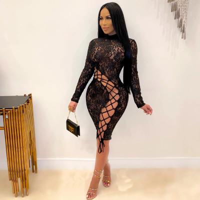 China LANTU Black Lace Breathable Long Sleeve Turtle Neck Skirt Sexy Dress for sale