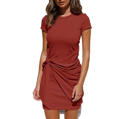 China Custom Logo Women Short Dress Fashion Breathable Knotted Sleeve Cheap Casual Women Dress for sale