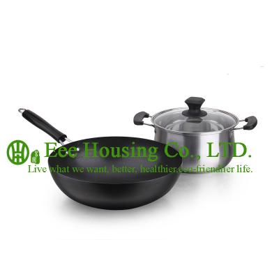 China 2 pieces stainless steel cooking cookware including fry pan and soup pot and milK pot for sale