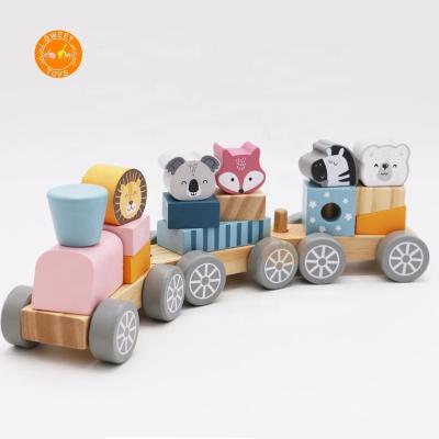 China Children's Toys Wooden Block Set Train Animal Toys For Preschool Kids Wooden Push&Pull Stacking Train Toy For Funny for sale