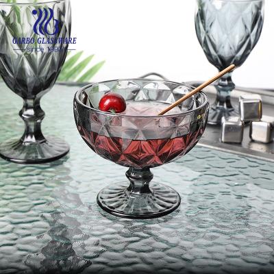 China Traditional Wholesale Customizable Machine Pressed Diamond Blue Glass Design Cup Ice Cream Solid Color Glass Fruit Bowl With Foot for sale