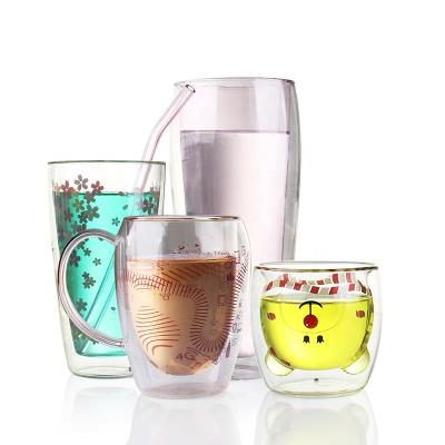 China For Sale Fancy Printing Beer 200ml Hot Juice Gift Drinking Double Wall Glass Mug for sale