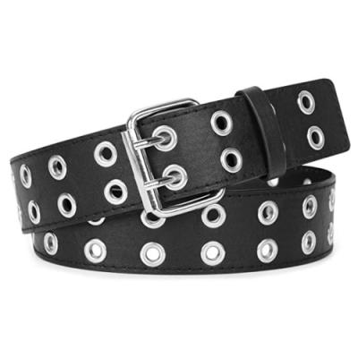 China COW LEATHER double grommet PU leather belt PU punk jeans belt for women/men metal for sale