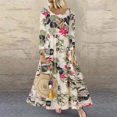 China SunNY Everest 2021 New Summer Women Boho Floral Print Dress High Waist Maxi Dress Long Sleeve Round Neck Viable Beach Long Dress for sale