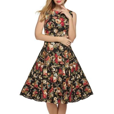 China Rose Print Sleeveless O Neck Viable Women's Swing Elegant Casual Dress Female Vintage Dress High Quality Women's Clothing Long for sale