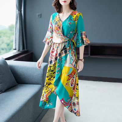 China 2021 New High Quality Silk Dress Female Summer Long V-Neck Skirt Fairy Dress Super Slim Popular Workable Silk Floral Diet Dress for sale