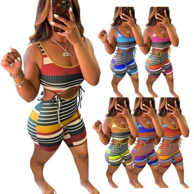 China JSY 2021 Hot Selling Anti-wrinkle Women Stripe Overalls Sleeveless Bandage Knit Summer Overalls for sale