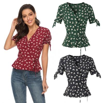 China Wholesale Summer 2021 Anti-wrinkle DLL New Arrival V-Neckline Chiffon Shirt Women Clothes Floral T-shirt for sale