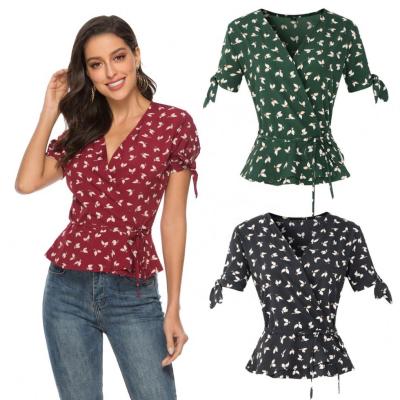 China Wholesale Summer 2021 Floral Anti-wrinkle V-Neckline Chiffon Shirt Women's Clothing T-shirt JSY New Arrival for sale