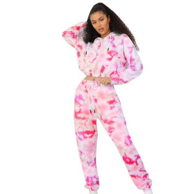 China Breathable casual cotton set tie dye shorts sweatsuit hoodie women two piece hoodie set for women 2021 for sale