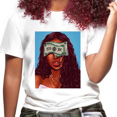 China QUICK DRY Women Cartoon T-shirt Girl T-shirt Black Girl Fashion Funny Top Tees Female Short Sleeve T-shirt for sale