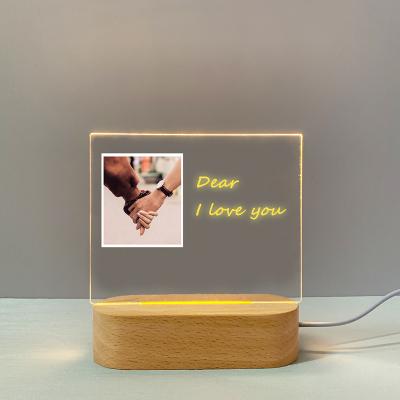 China Customizable Wooden 1 Night Stand 3D Wooden Gift Lamp Stand DIY Acrylic Graffiti Modern Decorative Light LED Message Table Light for sale