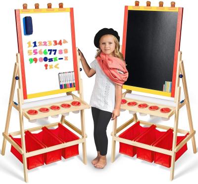 China OEM Wooden Wooden Easel For Kids Dual Side 2-in-1 Floor Standing High Stability Folding Well-polished Kids Writing Drawing Board for sale