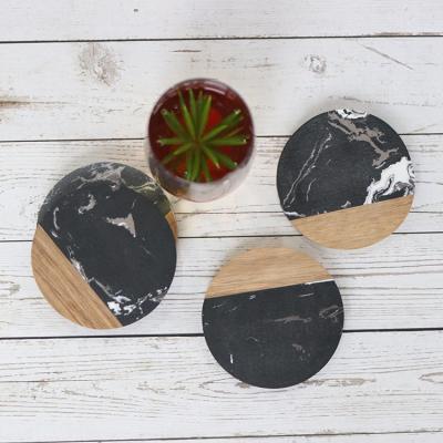 China Workable Good Quality Factory Wholesale Marble Coaster Black Round Marble and Wooden Coaster Drinks Marble Coaster Set for sale