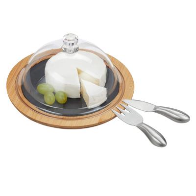 China Sustainable natural acacia wood glass cover with slate cheese board serving dish and steel cheese cutlery for sale