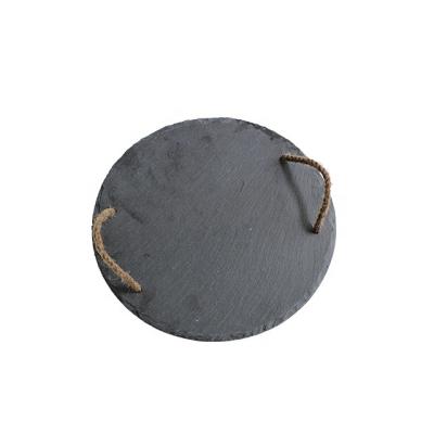 China Sustainable Slate Stone Cheese Dishes With Hemp Rope Black Dinner Tray Around Shape Natural Stone for sale