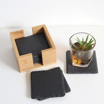 China 8pcs Square Slate Stand Slate Coaster Black Bamboo and Wood Sustainable Coasters for Drinks Cups Bar Table Glass Premium Coasters for sale