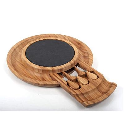 China Sustainable Bamboo Cheese Board Set With Hidden Cutlery Drawer And Cheese Knife Set Round Shape for sale