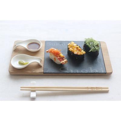 China Natural Black Slate Stone Combination Sustainable Bamboo Slate Sushi Dish and Bamboo Wood with Chopsticks Sushi Dish Set for sale