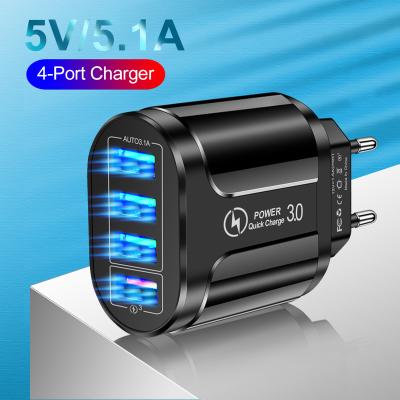 China Mobile Phone Charging QC3.0 USB Hub Wall Charger 3A Power Adapter 4 Ports Quick Fast Charging EU US Plug For Mobile Phone for sale