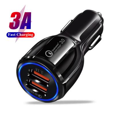 China Portable Cell Phone Size Two Ports Quick Charge 3.0 USB Car Charger Dual Fast Charging Adapter Two Devices For Phone Tablet for sale