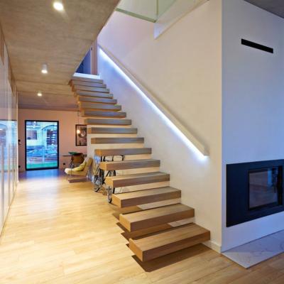 China Easy Install By Screw Australian Style Indoor Glass Wooden Staircase Floating Straight Stairs With Led Tread for sale